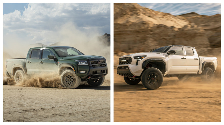 A side-by-side split image showing a green Nissan Frontier crew cab pickup truck kicking up dust on an off-road dirt course on the left, and a white Toyota Tacoma pickup truck driving dynamically through a sandy desert landscape on the right.