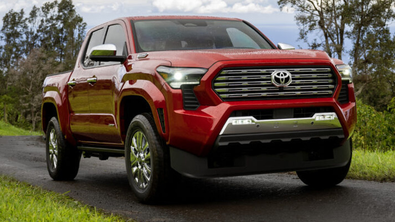 A metallic red Toyota Tacoma Limited pickup truck driving along a narrow asphalt road.