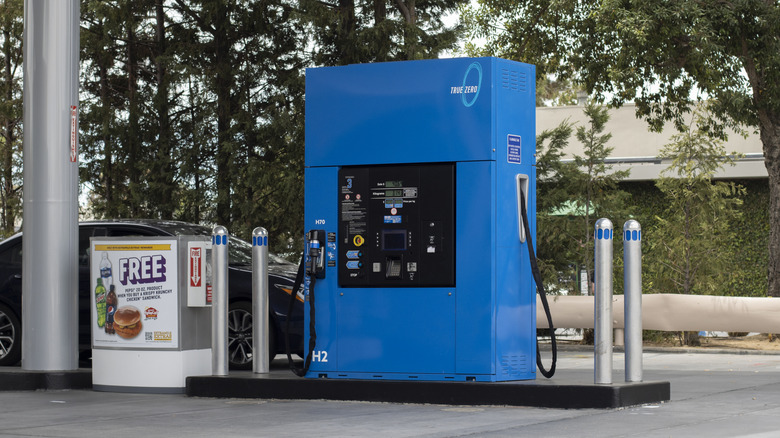 A True Zero hydrogen refueling pump is seen in a Chevron gas station in Costa Mesa, California. True Zero network of hydrogen refueling stations is owned and operated by FirstElement Fuel Inc.