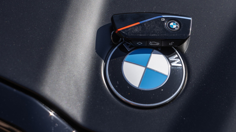 Slovenia, Ljubljana - 8 April 2026: A BMW car key is resting on the logo of a BMW vehicle under sunlight.
