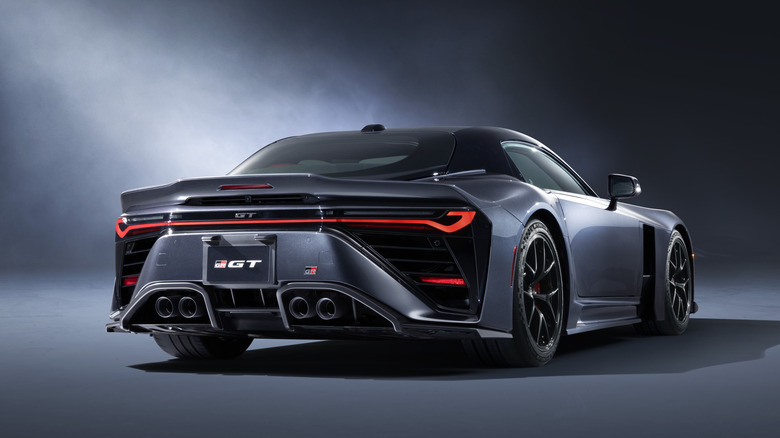Rear 3/4 view of a grey Toyota GR GT