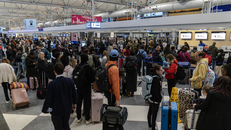 Long line at the airport following flight delays