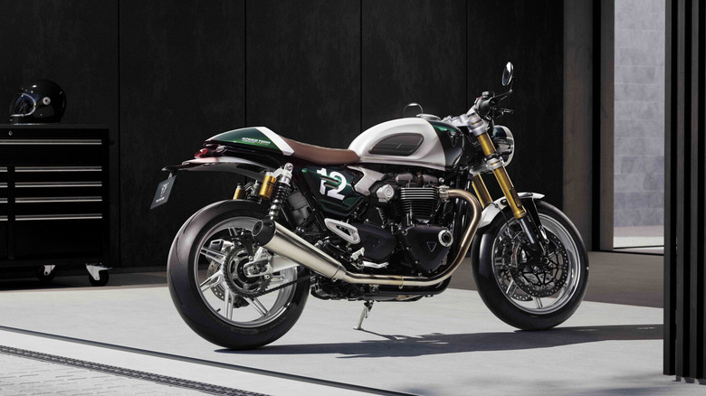 The silver and green Triumph Speed Twin Cafe Racer