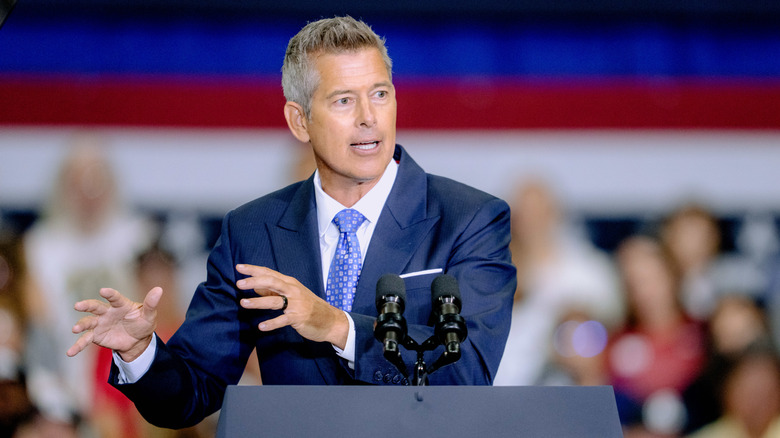 Sean Duffy at a podium in Sterling Heights, Michigan