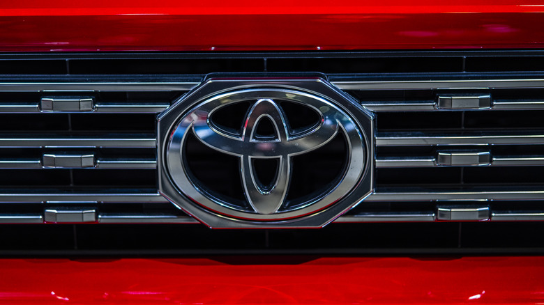 The Toyota logo is seen during the 125th New York International Auto Show on April 16, 2025 in New York City.