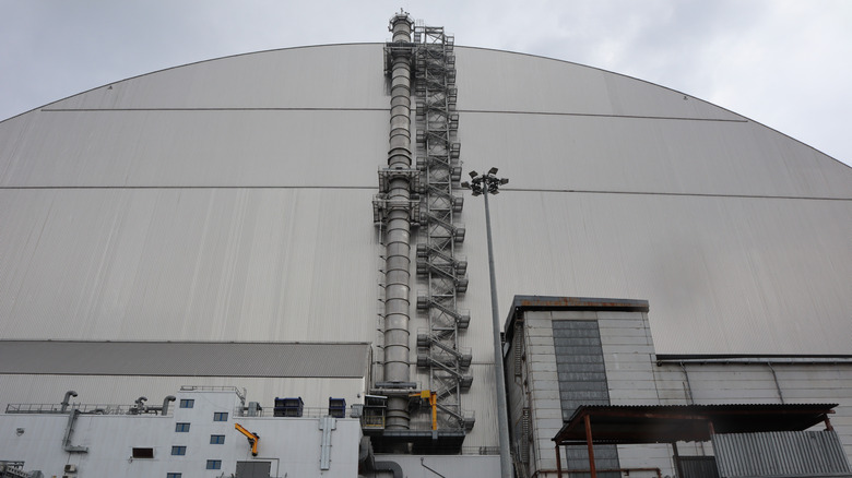 The reactor No. 4 of the Chernobyl Nuclear Power Plant, covered with a sarcophagus on April 26, 2023 in Kyiv Oblast, Ukraine.