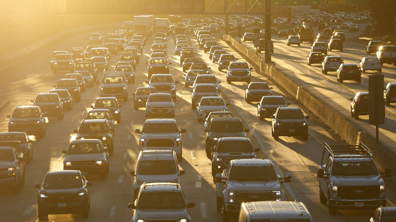 Dozens of cars stuck in traffic at sunrise