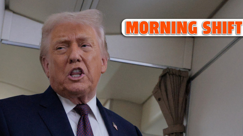 IN FLIGHT - JANUARY 22: U.S. President Donald Trump speaks to reporters on board Air Force One while flying in between Ireland and Washington as he returns from the World Economic Forum on January 22, 2026. Following a meeting with NATO Secretary General Mark Rutte, Trump announced a deal with European leaders on the semi-autonomous Danish territory of Greenland during the annual meeting of political and business leaders in Davos.