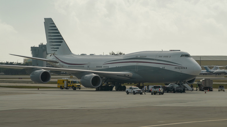 Boeing 747 formerly owned by Qatar's royal family on tarmac at Palm Beach International Airport.