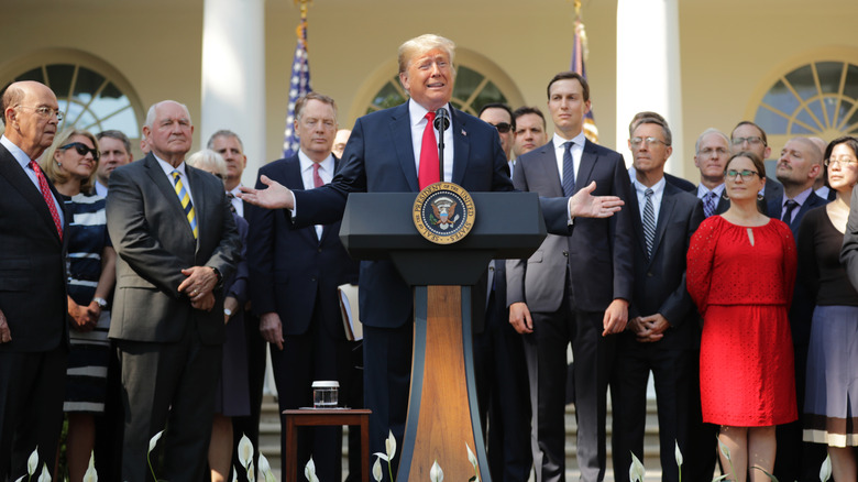 U.S. President Donald Trump speaks during a press conference to discuss a revised U.S. trade agreement with Mexico and Canada in the Rose Garden of the White House on October 1, 2018 in Washington, DC.