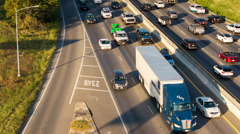 Semi truck in heavy traffic just outside of Austin, Texas