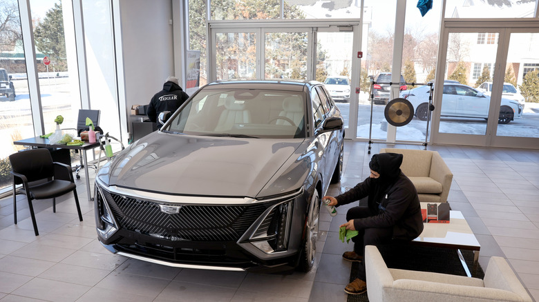 Cadillac Lyriq in a dealership lobby