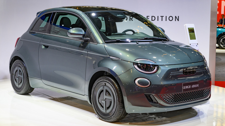 BRUSSELS, BELGIUM - JANUARY 10: Fiat 500 Giorgio Armani edition compact hatchback car on display at the AutoSalon on January 10, 2025 in Brussels, Belgium. (Photo by Sjoerd van der Wal/Getty Images)