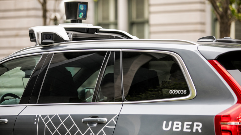 San Francisco, California, USA - May 16, 2017: An Uber self-driving Volvo XC90 SUV on 7th street and Market part of Uber's testing program within San Francisco that resumed in March.