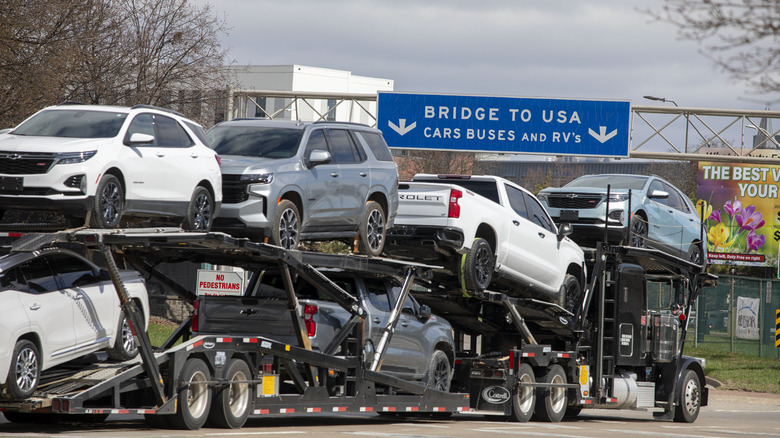 WINDSOR, CANADA - APRIL 1: Trucks make their way to the Ambassador Bridge to cross into the United States at Detroit on April 1, 2025 in Windsor, Canada