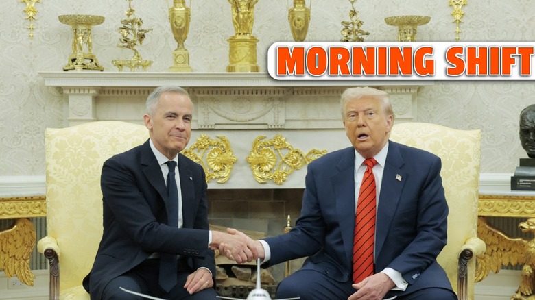 U.S. President Donald Trump (R) shakes hands with Canadian Prime Minister Mark Carney in the Oval Office at the White House on May 6, 2025 in Washington, DC.