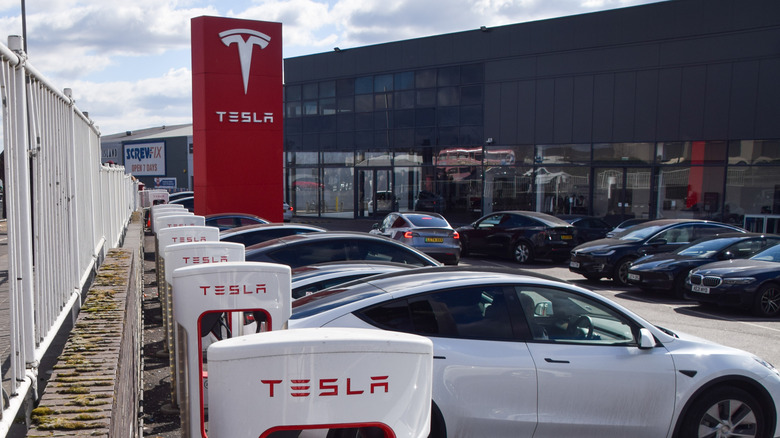 London, UK - March 15 2025: electric cars charge at the Tesla Centre in Park Royal