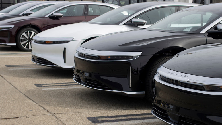 Millbrae, CA, USA - May 5, 2022: New Lucid Air luxury electric cars are seen outside a Lucid showroom in Millbrae, California. Lucid Group, Inc. is an EV manufacturer based in Newark, California.