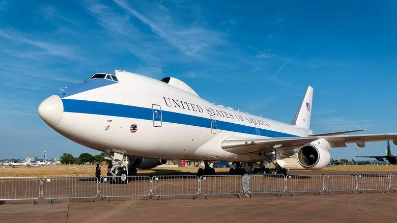 RAF Fairford, Gloucestershire, UK - July 16 2022: USAF Boeing E-4B Advanced Airborne Command Post 'Nightwatch' Strategic Command and Control Aircraft (73-1676) at the RIAT 2022