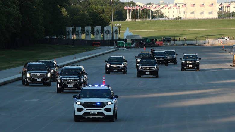 President Trump's motorcade drives across the drained Reflecting Pool on May 7, 2026