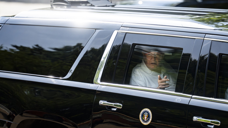 U.S. President Donald Trump departs the White House as he motorcades to Trump National Golf Club in Sterling, Virginia, on July 11, 2026 in Washington, DC.
