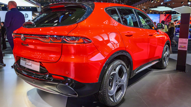 Alfa Romeo Stelvio crossover suv on display at the AutoSalon press preview on January 09, 2026 in Brussels, Belgium.