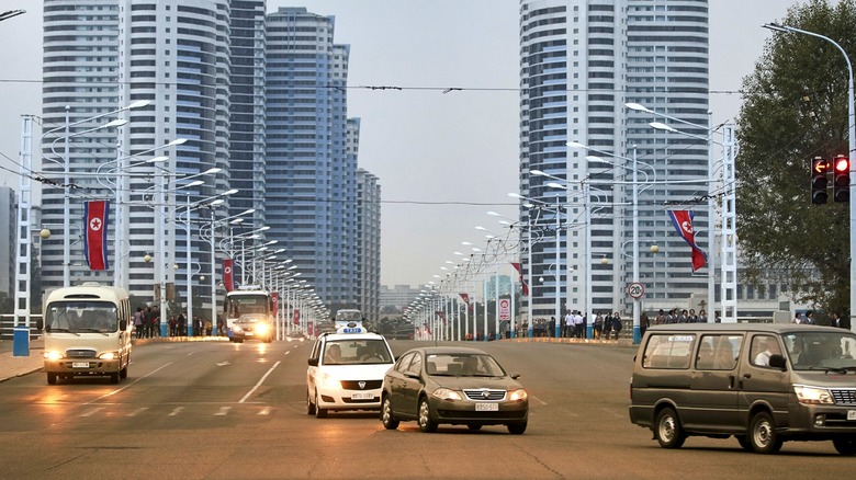 Traffic crossing a bridge in a new residential area in Pyongyang.