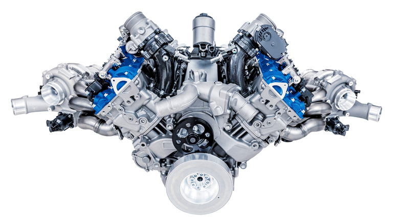 An internal combustion engine in a V-configuration with two turbochargers