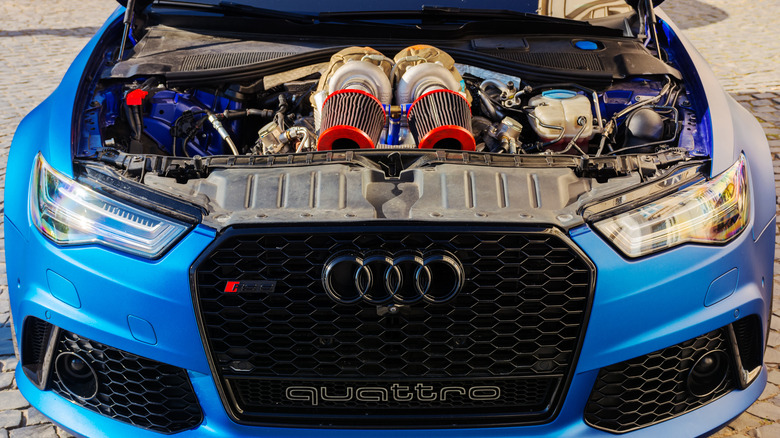 An Audi RS 6 sportscar modified with a twin-turbocharged engine