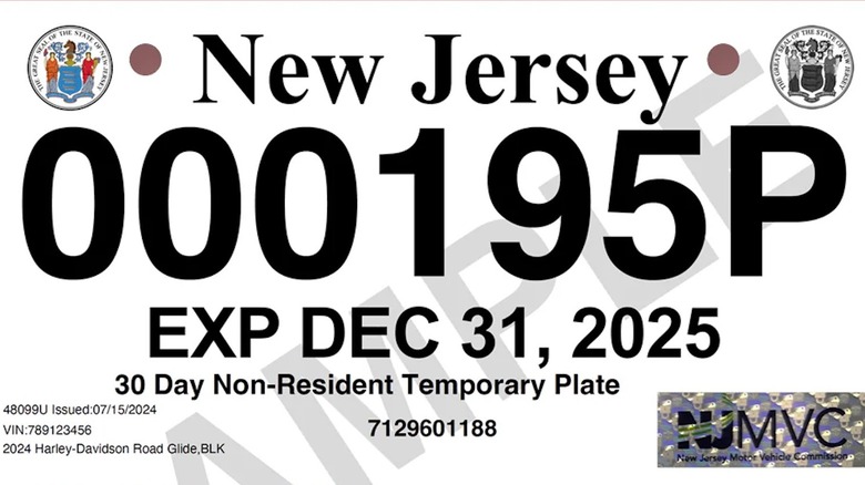 A sample of a New Jersey temporary license plate