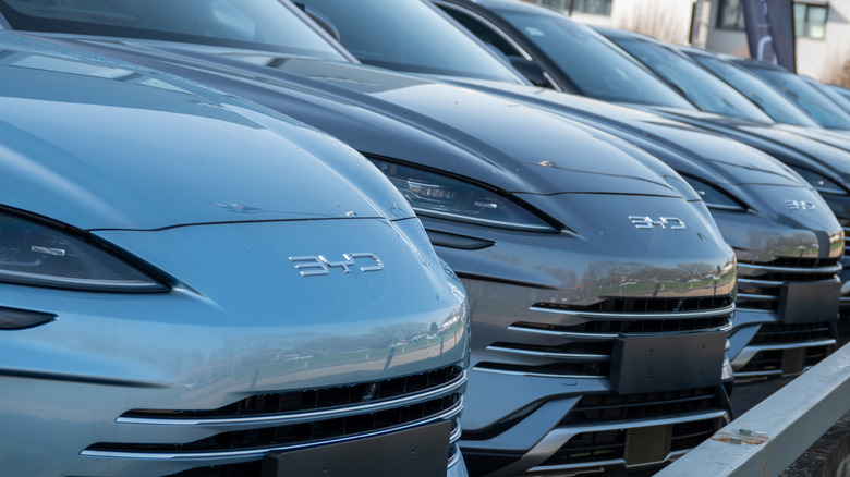 Brand new unregistered BYD electric cars are displayed for sale outside a BYD dealership, on February 25, 2026 in Southampton, England.