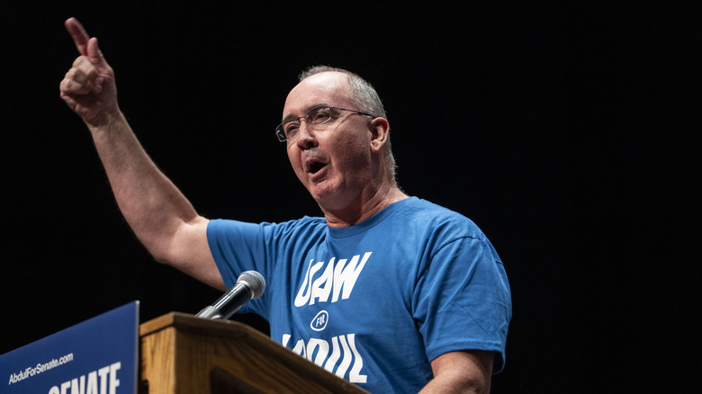 DETROIT, MICHIGAN - JULY 18: United Auto Workers President Shawn Fain speaks at The People V. The Powerful rally at the Detroit Opera House on July 18, 2026 in Detroit, Michigan. Fain, U.S. Sen. Bernie Sanders (I-VT), U.S. Rep. Alexandria Ocasio-Cortez (D-NY) and others joined El-Sayed to rally the crowds.(Photo by Sarah Rice/Getty Images)