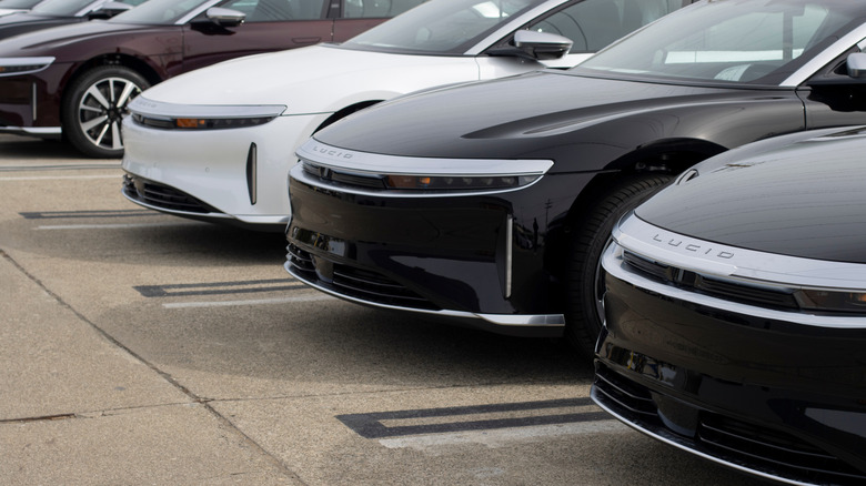 Millbrae, CA, USA - May 5, 2022: New Lucid Air luxury electric cars are seen outside a Lucid showroom in Millbrae, California. Lucid Group, Inc. is an EV manufacturer based in Newark, California.  by: Tada Images