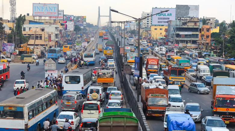 Bengaluru, India - Dec 14, 2015: Heavy traffic on the roads of Bengaluru city , India, recorded the world's third-slowest traffic in 2024.
