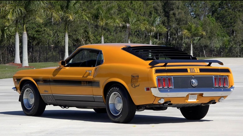 A rare yelow 1970s Ford Mustang Twister Special photographed from behind.