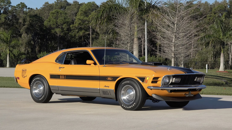 A rare orange 1970s Ford Mustang Twister Special photographed from the front.