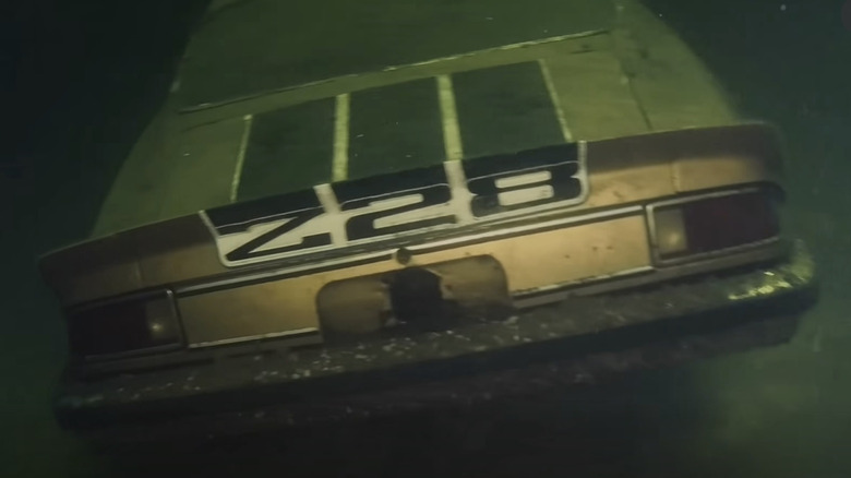 Rear view of a 1970s Chevy Camaro Z28 at the bottom of Sebago Lake, Maine