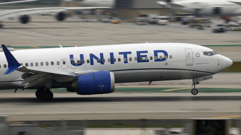 A United Airlines Boeing 737 MAX 8 airplane arrives at Los Angeles International Airport from Orlando on January 2, 2025 in Los Angeles, California.