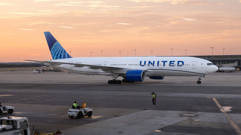 A United Airlines Boeing 777 prepares for takeoff at Washington Dulles International Airport