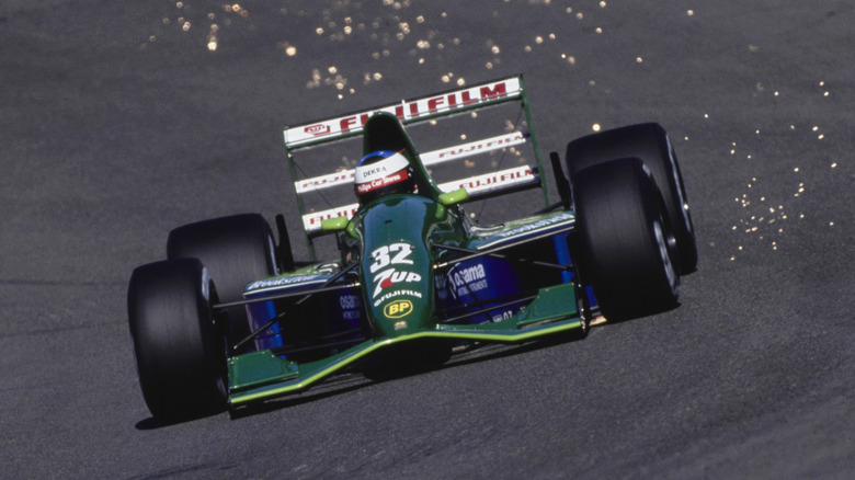 Michael Schumacher from Germany drives the #32 Team 7up Jordan 191 Ford HB V8 during practice for the Belgian Grand Prix on 24th August 1991 at the Circuit de Spa-Francorchamps in Spa Francorchamps, Belgium.