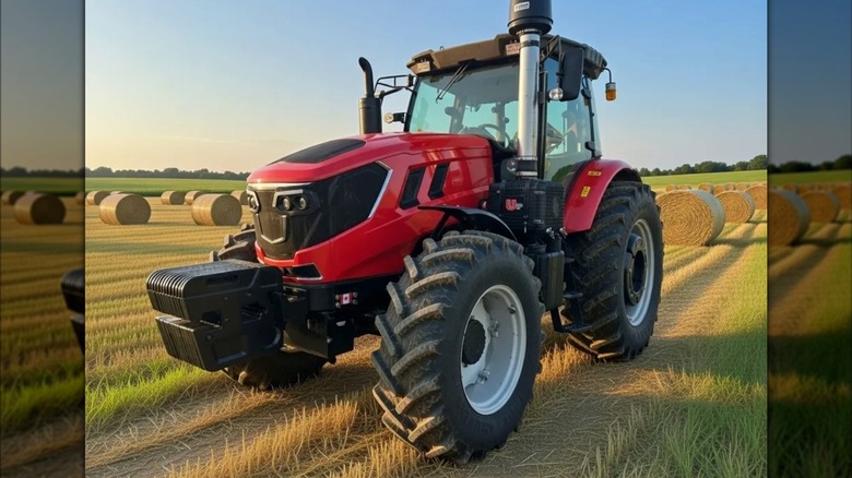 Ursa AG's smallest tractor, the AG 150, in red and black on a farm field.