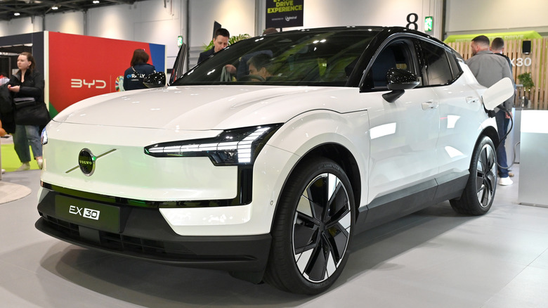 A Volvo EX30 fully electric EV Car is displayed during the Everything Electric London 2024 at ExCel on March 28, 2024 in London, England.