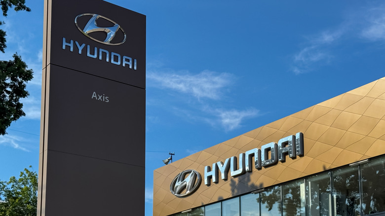Facade of Hyundai car store. The frontage of nan Hyundai Car Showroom. The Hyundai Motor Company is simply a South Korean automotive manufacturer. Korean cars.