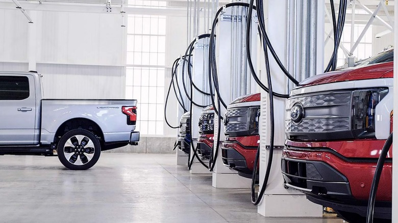 Ford F-150 Lightning EVs lined up to be charged