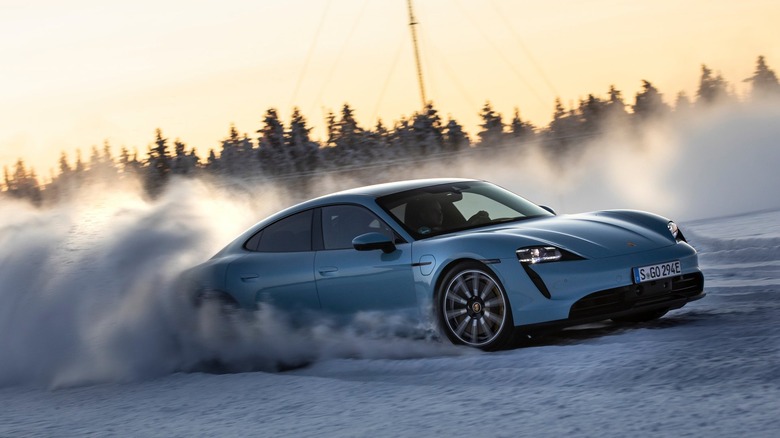 Porsche Taycan drifting in snow
