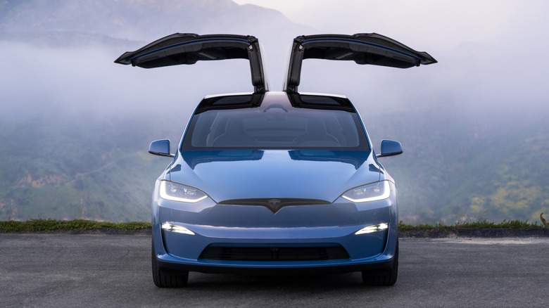 Tesla Model X hard front falcon doors open