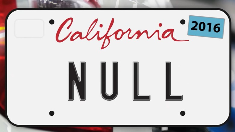 A mockup of a vanity California license plate that reads, "NULL"