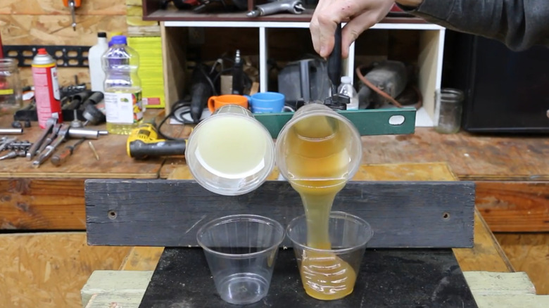 Pouring cold vegetable oil (left) and motor oil (right) to compare their viscosity