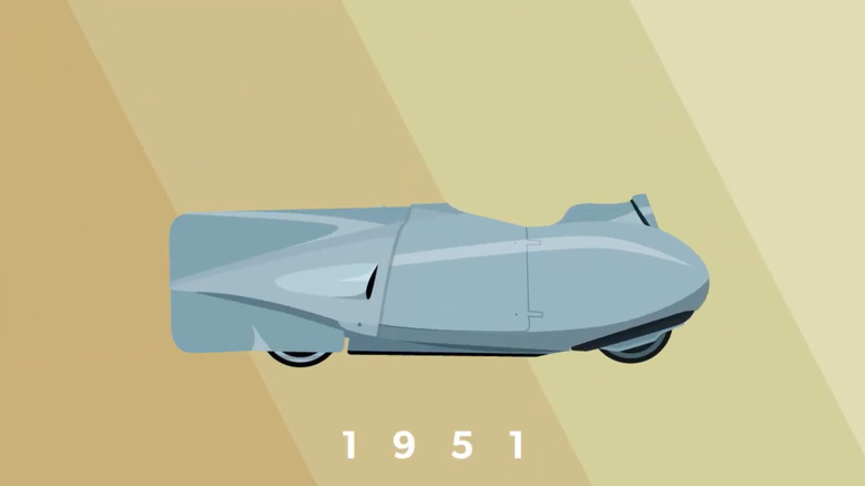An animated drawing of the Vespa Siluro, "torpedo" speed bike on a yellow striped background.