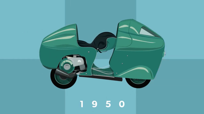 An animated drawing of Vespa's Super Sport Montlhery machine in green on a checkered blue background.